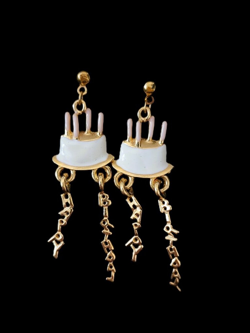 EB and Co. Gold Plated Enamel Happy Birthday Cake Chandelier Dangle Earrings